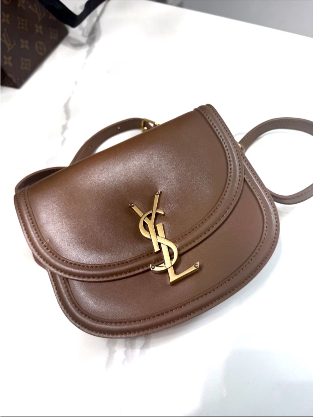 Saint Laurent Brown Leather Saddle Crossbody with Gold YSL Emblem